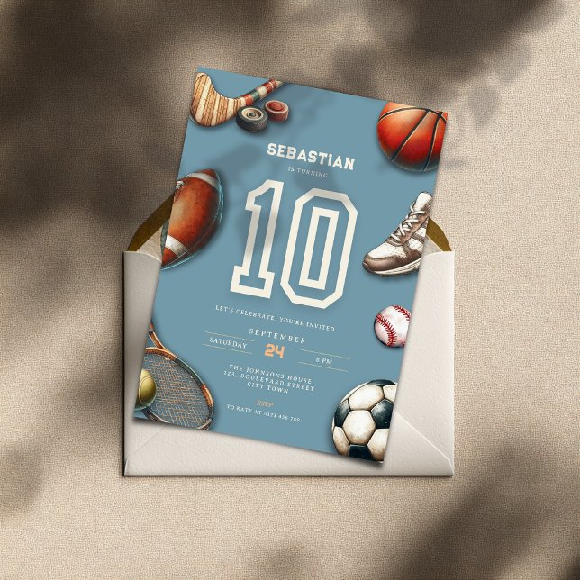Convite de Aniversário de 10 anos para Meninos de  (All Star Sports 10th birthday invitation for teenager boys)