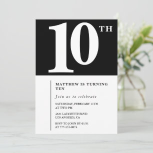 Convite de aniversário de 10 anos Preto e Branco C