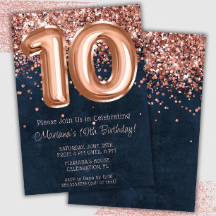 Convite de Aniversário de 10 Anos Rose Gold Azul N