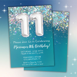 Convite de Aniversário de 11 anos Brilho Teal Prat