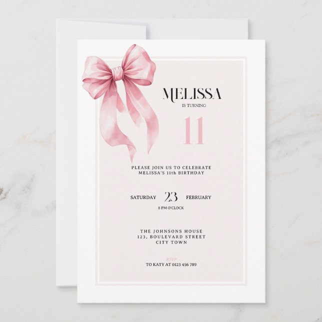 Convite de Aniversário de 11 anos com Laço Rosa El (Frente)