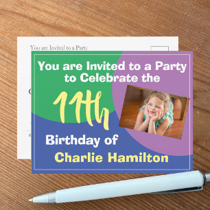 Convite de Aniversário de 11 anos com Postcard de 