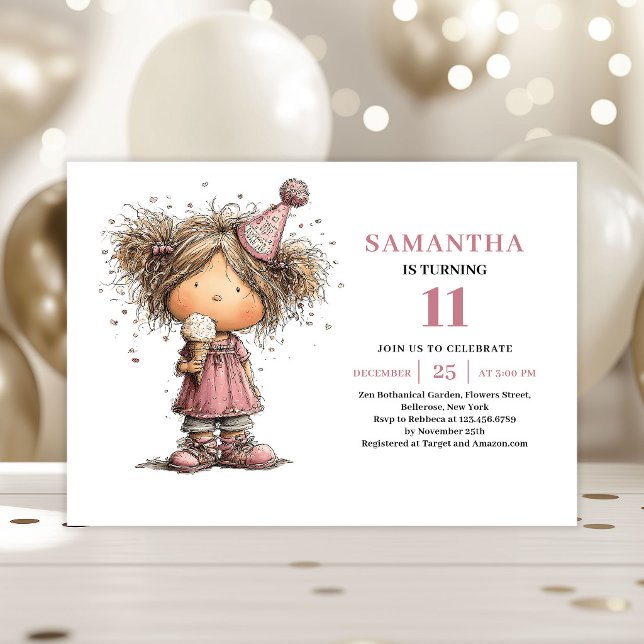 Convite de Aniversário de 11 Anos da Garota Excênt (Quirky Girl 11th Birthday Invite Dusty Pink Card)