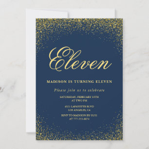 Convite de aniversário de 11 anos elegante Dourado