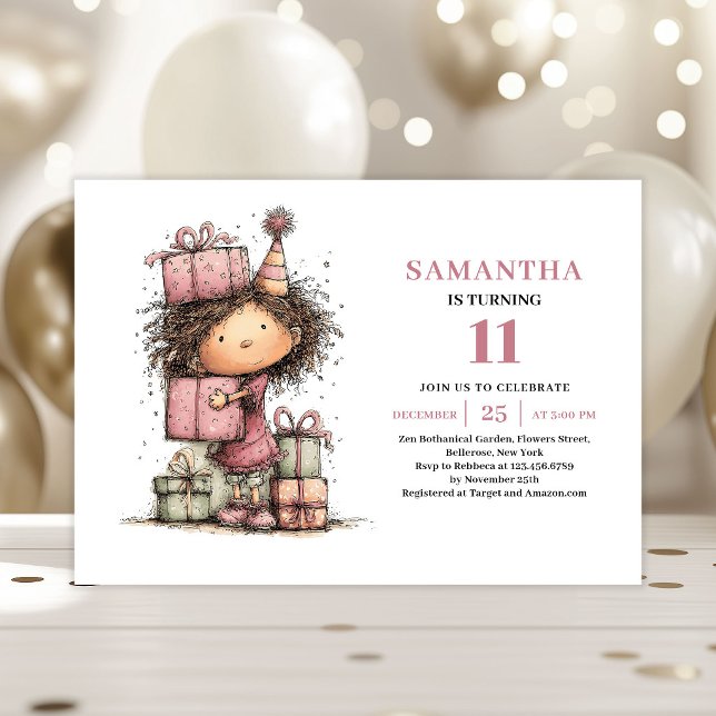 Convite de Aniversário de 11 Anos Funny Whimsy Kid (Funny Whimsy Kids 11th Birthday Invitation Pink)