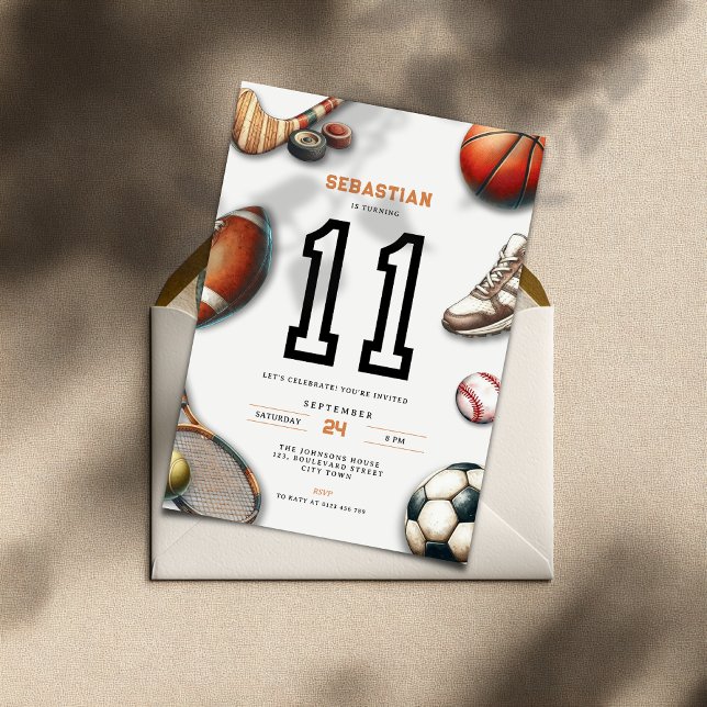 Convite de Aniversário de 11 anos para Meninos de  (All Star Sports 11th birthday invitation for teenager boys)
