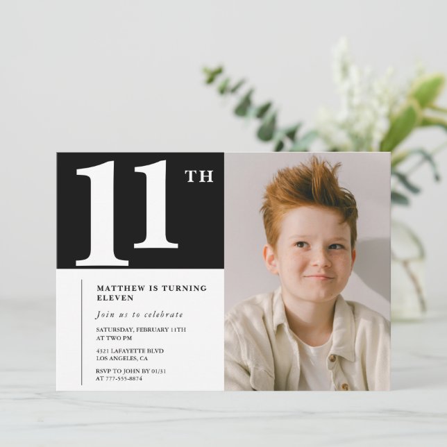 Convite de aniversário de 11 anos Preto Branco Chi (Em pé/Frente)