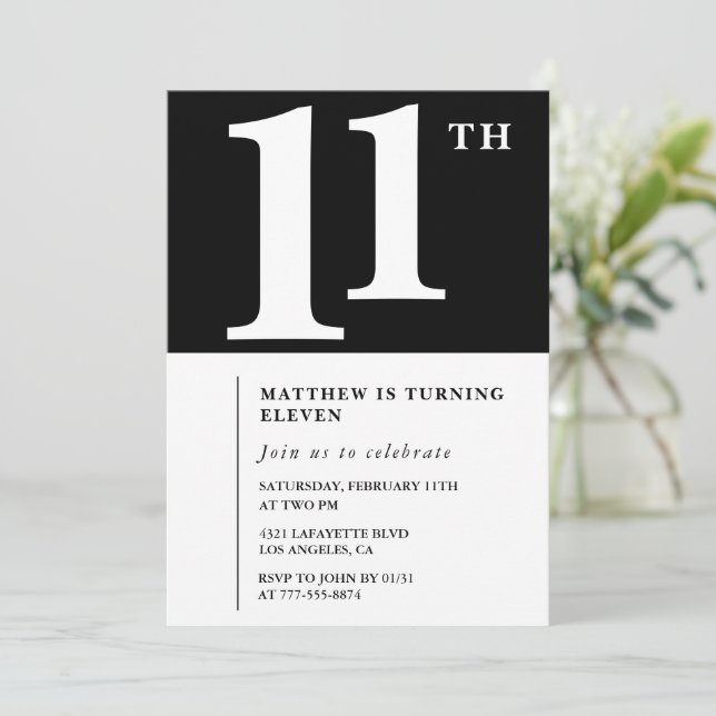 Convite de aniversário de 11 anos Preto e Branco C (Em pé/Frente)