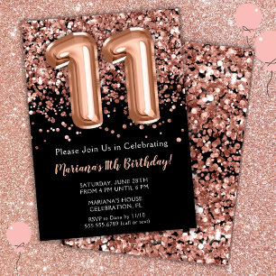 Convite de Aniversário de 11 anos Preto Rosa Doura