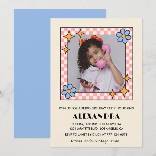 convite de aniversário de 11 anos Retro Groovy Flo (Frente/Verso)