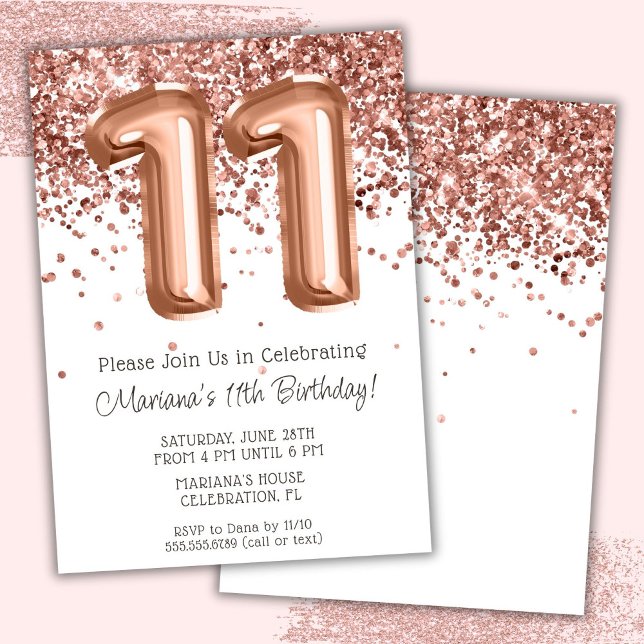 Convite de Aniversário de 11 anos Rose Gold (Criador carregado)