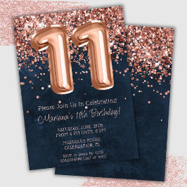 Convite de Aniversário de 11 Anos Rose Gold Azul N