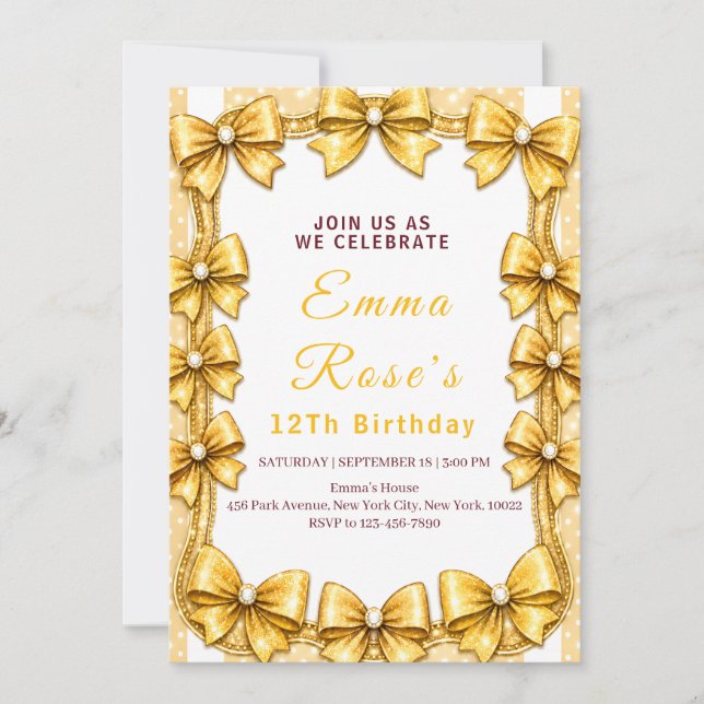 Convite de Aniversário de 12 anos Arco Dourado (Frente)