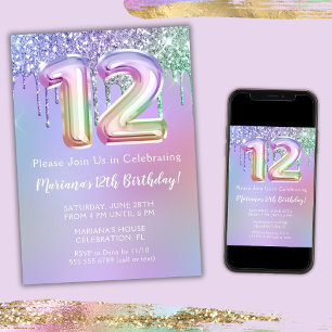 Convite de Aniversário de 12 Anos Brilho Roxo Rosa