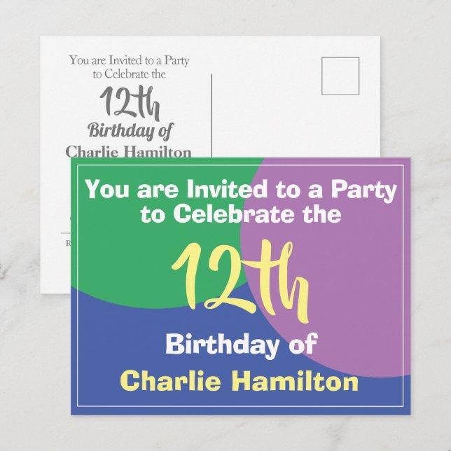Convite de Aniversário de 12 anos Cartão Postal (Frente/Verso)