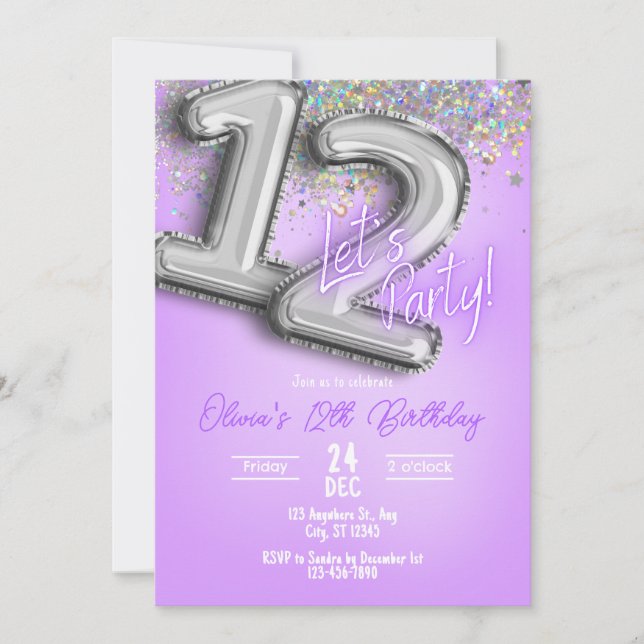 Convite de Aniversário de 12 anos com Brilho Roxo (Frente)