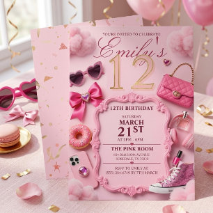Convite de Aniversário de 12 Anos Girly Pink Glamo
