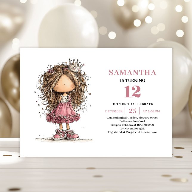 Convite de Aniversário de 12 Anos para Adolescente (Whimsy Teen Girl 12th Birthday Invite Pink)