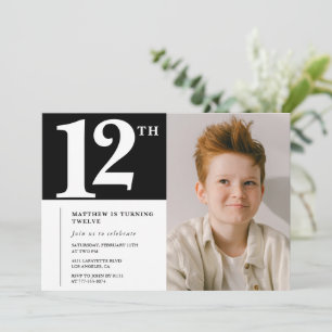 Convite de aniversário de 12 anos Preto Branco Chi