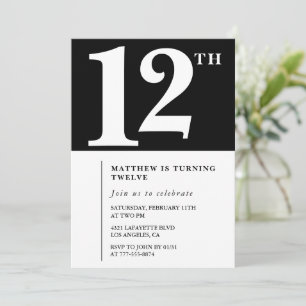 Convite de aniversário de 12 anos Preto e Branco C