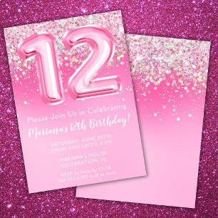 Convite de Aniversário de 12 Anos Rosa Brilho Femi
