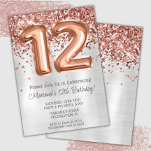 Convite de Aniversário de 12 Anos Rose Gold Prata