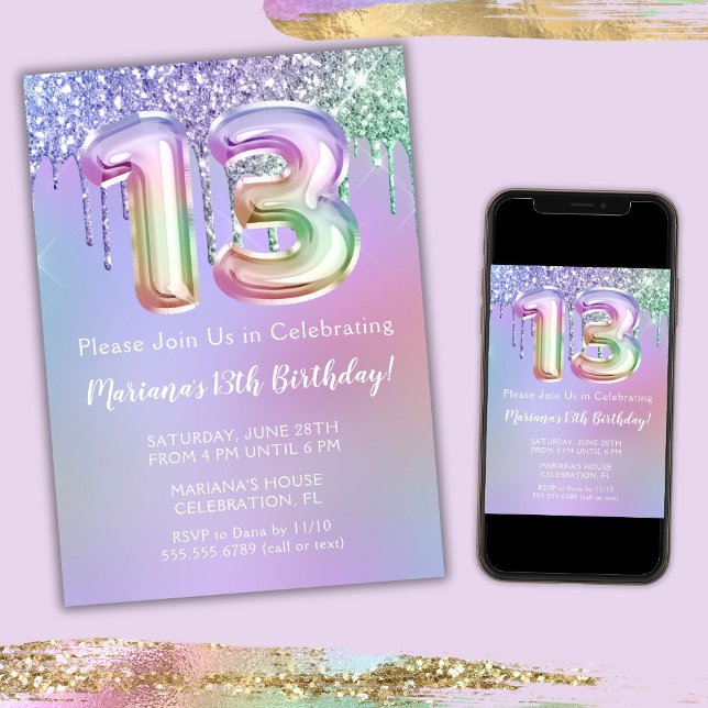 Convite de Aniversário de 13 Anos Brilho Rosa Roxo (Criador carregado)