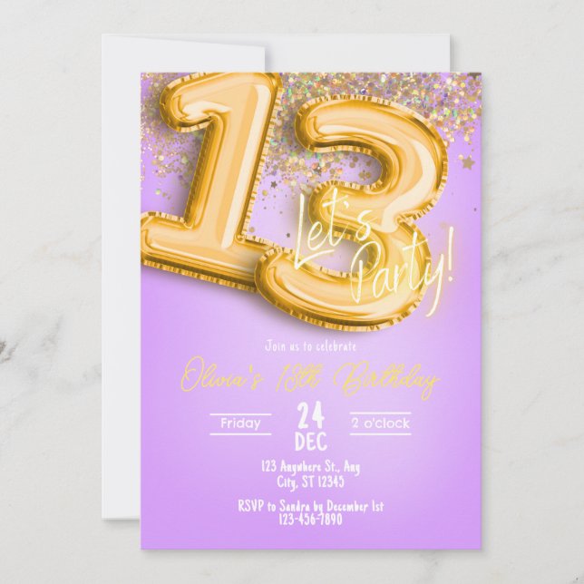 Convite de Aniversário de 13 anos com Brilho Roxo (Frente)