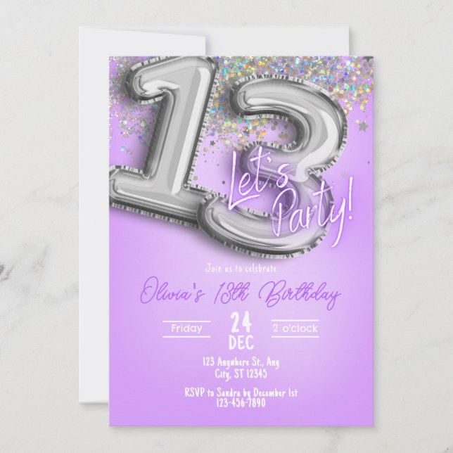 Convite de Aniversário de 13 anos com Brilho Roxo (Frente)