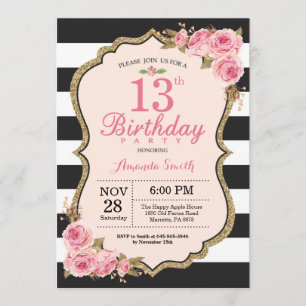 Convite de Aniversário de 13 Anos com Peônias Rosa