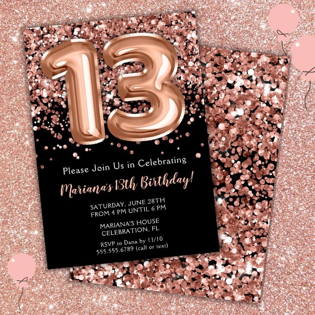 Convite de Aniversário de 13 Anos Preto Rosa Doura (Criador carregado)