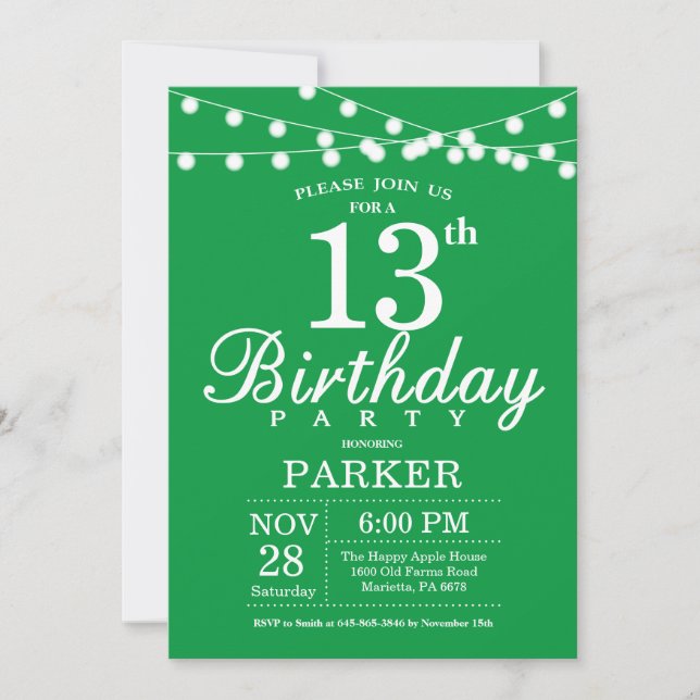 Convite de Aniversário de 13 anos Verde (Frente)