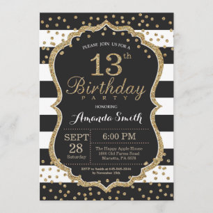 Convite de aniversário de 13. Brilho preto e Doura