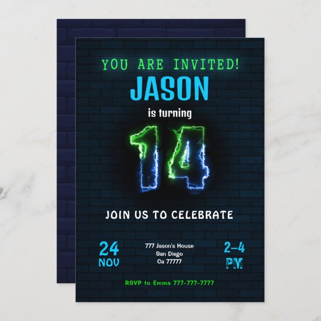 Convite de Aniversário de 14 anos para Menino (Frente/Verso)