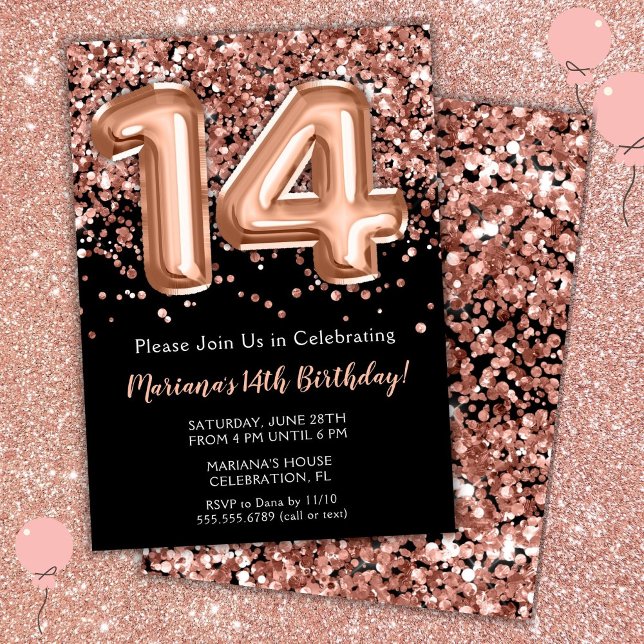 Convite de Aniversário de 14 Anos Preto Rosa Doura (Criador carregado)