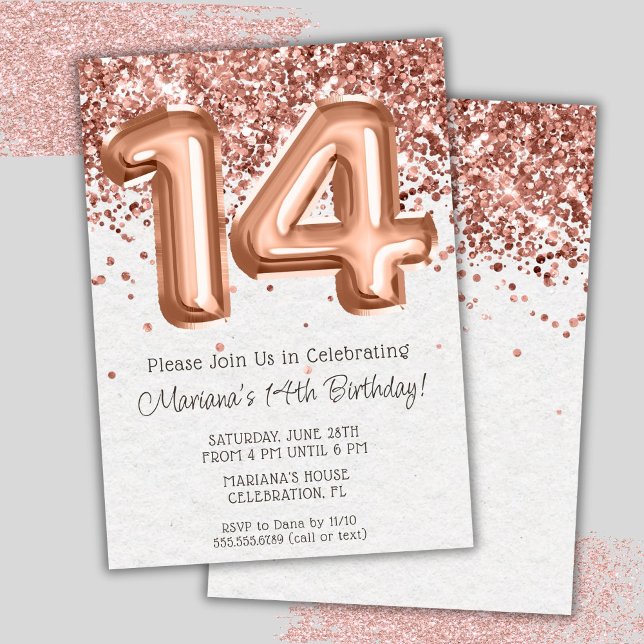 Convite de Aniversário de 14 anos Rose Gold (Criador carregado)