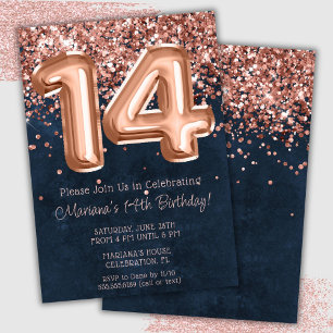 Convite de Aniversário de 14 Anos Rose Gold Navy B