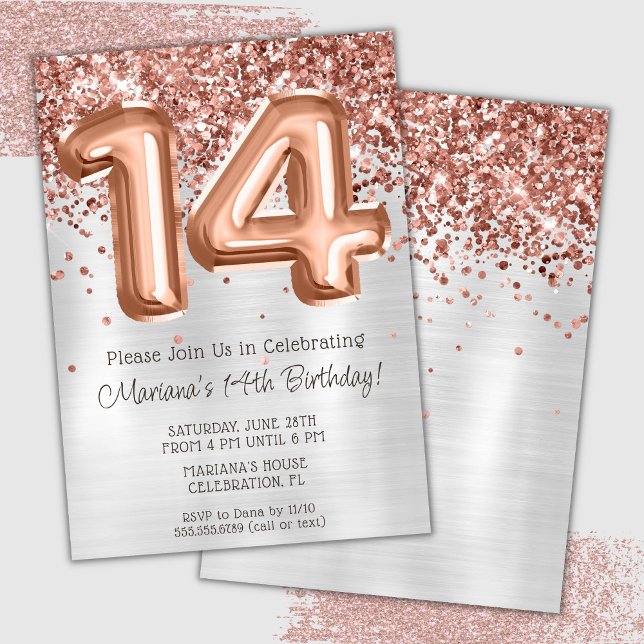 Convite de Aniversário de 14 anos Rose Gold Silver (Criador carregado)