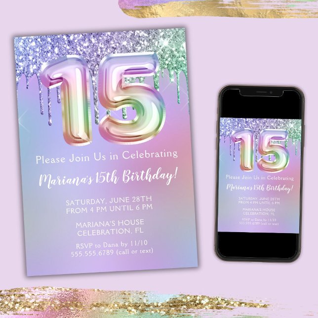Convite de Aniversário de 15 Anos Brilho Rosa Roxo (Criador carregado)