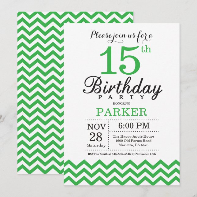 Convite de Aniversário de 15 Anos Chevron Verde (Frente/Verso)