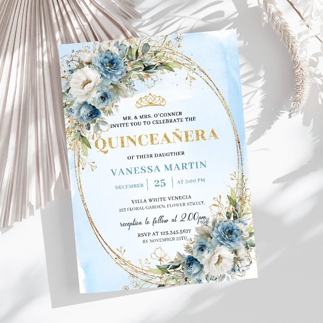 Convite de Aniversário de 15 Anos Chic Dusty Blue  (Chic Dusty Blue Gold Greenery 15th Birthday Invite)