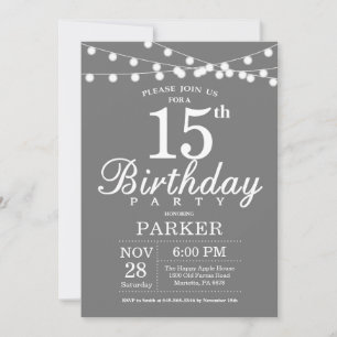 Convite de Aniversário de 15 Anos Cinza e Branco