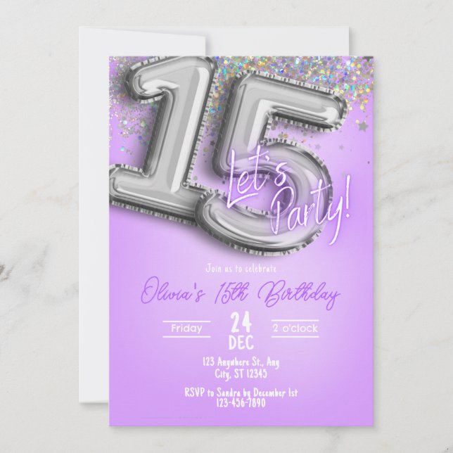 Convite de Aniversário de 15 Anos com Brilho Roxo (Frente)
