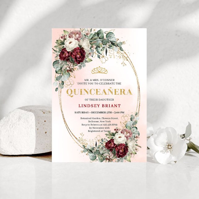 Convite de Aniversário de 15 Anos com Flores Verme (Modern Deep Red Flowers 15th Birthday Invitation)
