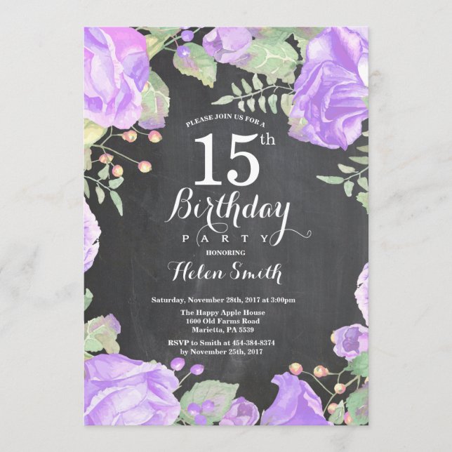 Convite de Aniversário de 15 anos Floral Roxo Botâ (Frente)