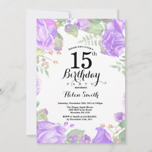 Convite de Aniversário de 15 anos Floral Roxo Botâ
