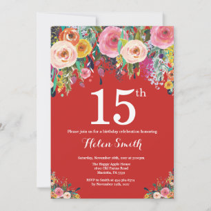 Convite de Aniversário de 15 anos Floral Vermelho