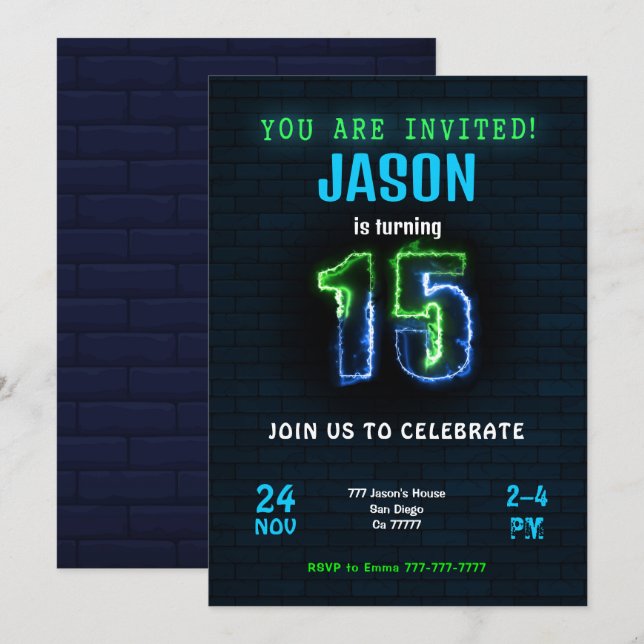 Convite de Aniversário de 15 Anos para Menino (Frente/Verso)