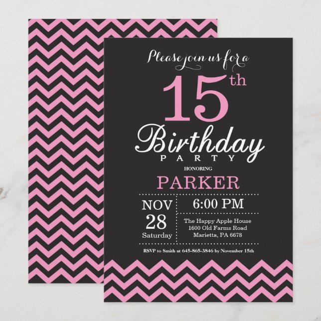 Convite de Aniversário de 15 Anos Preto e Chevron  (Frente/Verso)