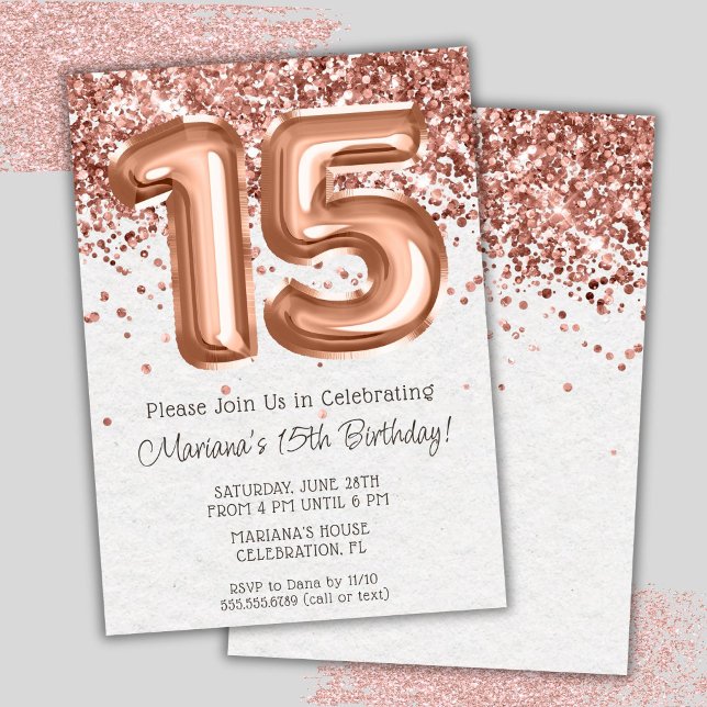 Convite de Aniversário de 15 Anos Rose Gold (Criador carregado)